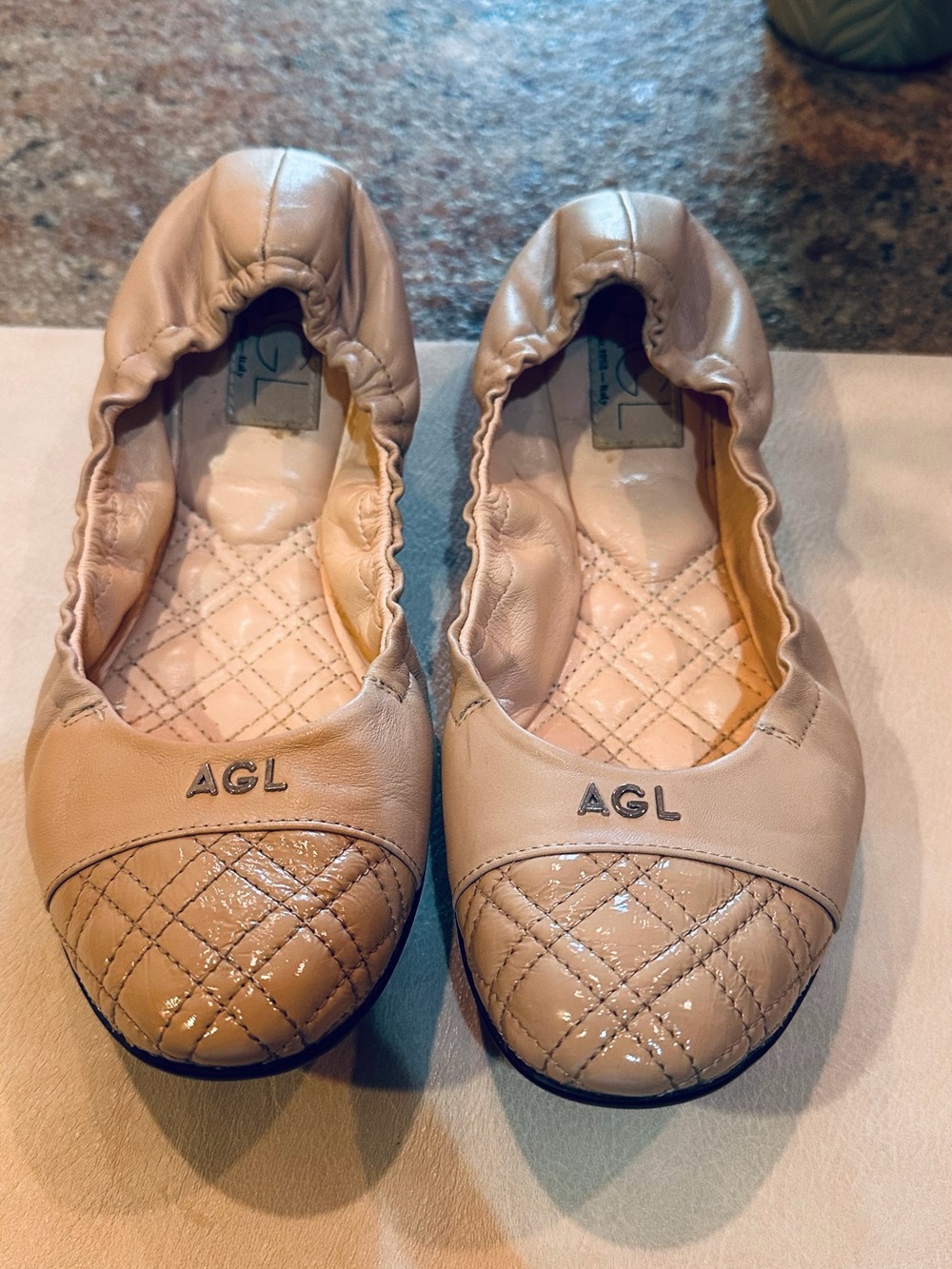 AGL Beige Quilted Cap-Toe Leather Ballet Flats